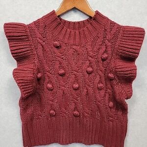 DEAR JOHN Pullover Knit Sweater Vest Womens M Burgundy Cable Popcorn Ruffles